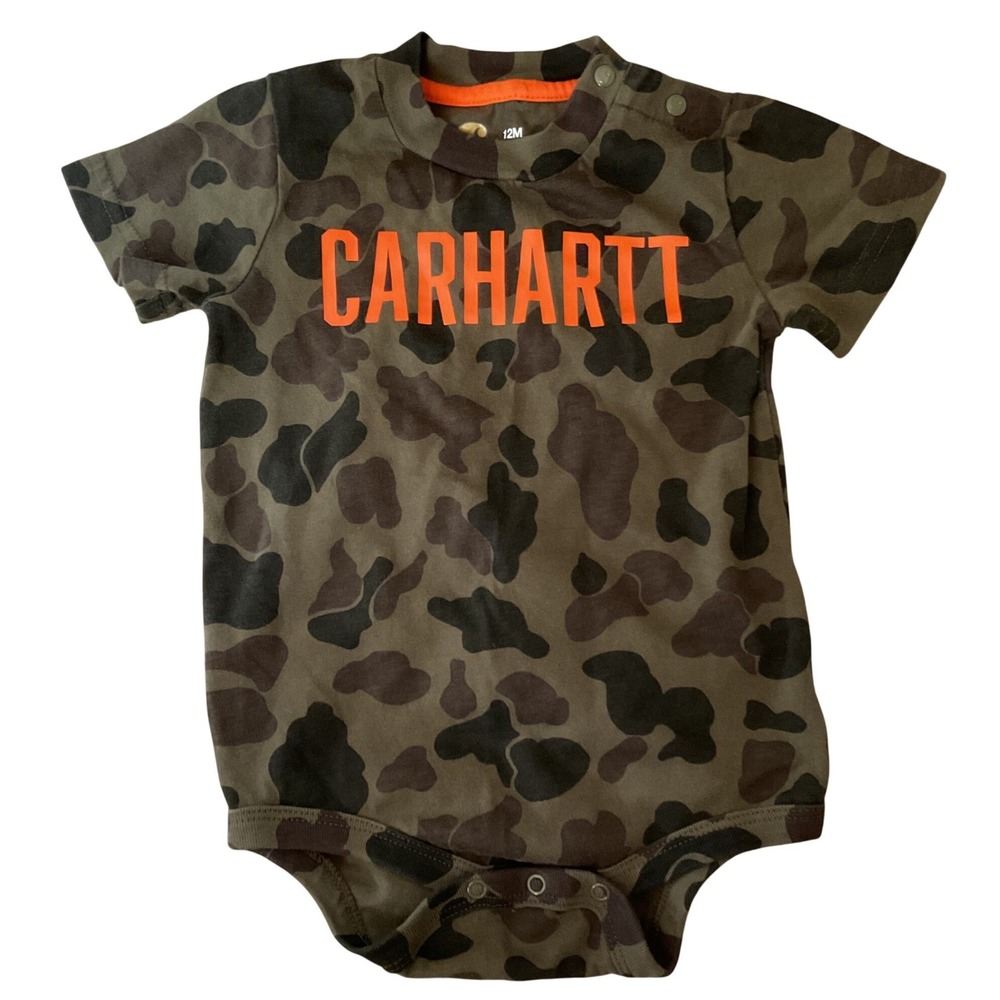Carhartt Baby Boys 12M Camo Onsie Short Sleeve Orange Logo One Piece Camouflage